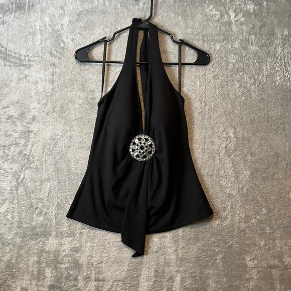 Vintage Deadstock Black Halter‎ Top Rhinestone Brooch Elegant & Sexy Y2K Large - Picture 1 of 6